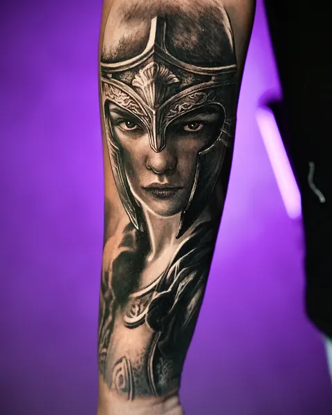 Face of a warrior woman in a helmet, black and grey tattoo on the forearm.