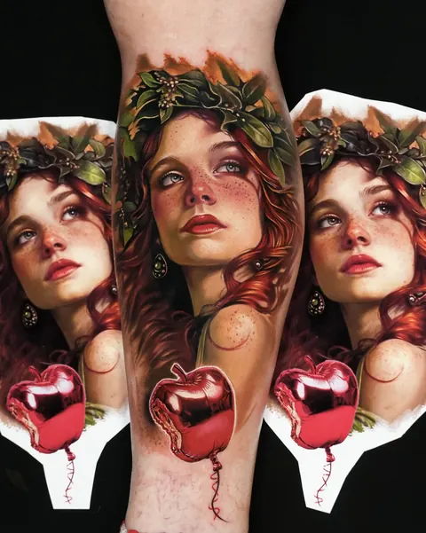 Printed and cut-out composition next to the finished tattoo on the leg.